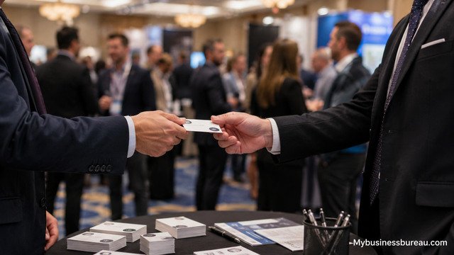 Professional exchanging a DOT business card during a networking event.