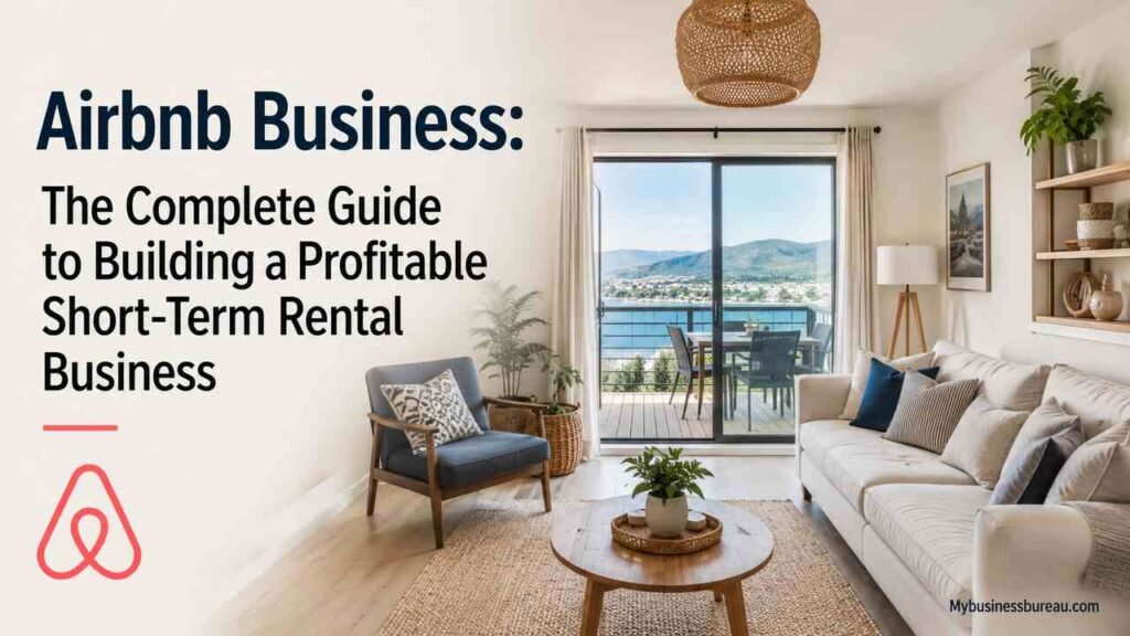 Airbnb Business: The Complete Guide to Building a Profitable Short-Term Rental Business Modern Airbnb rental living room for an Airbnb business guide