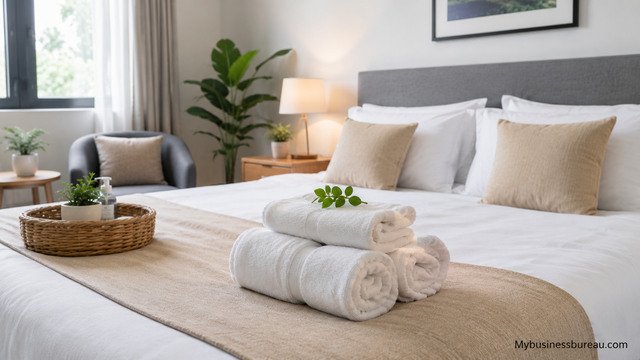 Clean and well-prepared guest bedroom with fresh towels and modern decor
