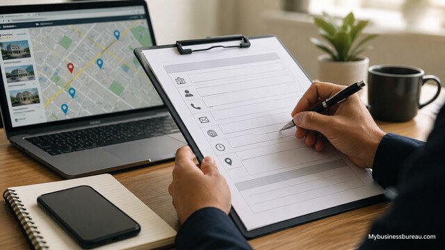 Complete business listing form on a clipboard with a laptop displaying a business location map.