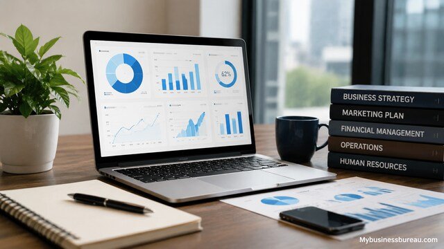 Core business resources workspace with analytics laptop and strategy tools