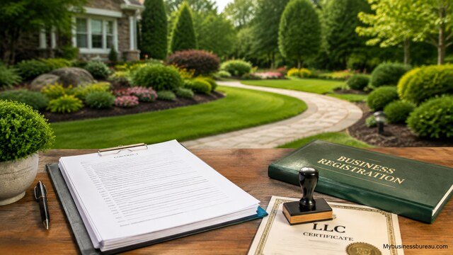Landscaping business registration documents on a desk