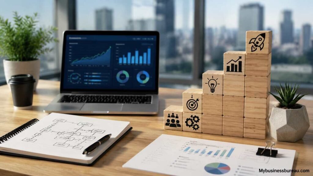 Business Guide Disbusinessfied: A Complete Framework for Building, Organizing, and Growing Modern Businesses Modern business guide framework with growth strategy workspace