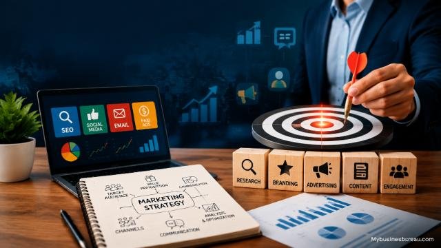 Powerful marketing strategy workspace with SEO, branding, and digital marketing elements.