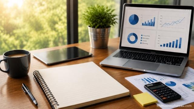 Business planning workspace with financial charts and business plan notebook
