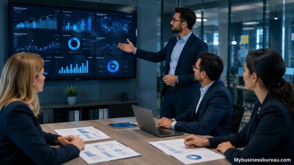 Business intelligence consulting team analyzing data strategy and reporting dashboards