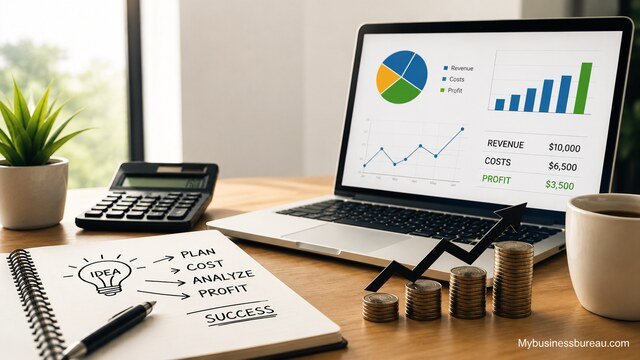 Calculate business idea profitability using costs, revenue, and break-even analysis.