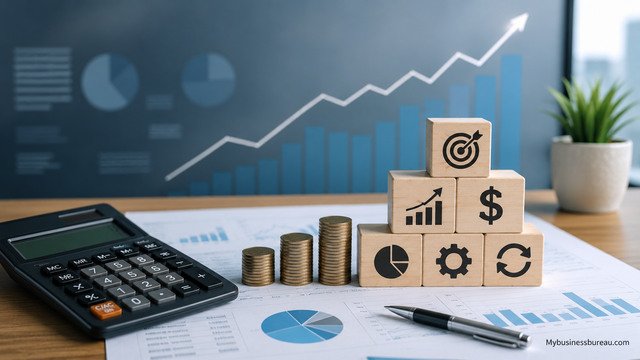 Financial and operational impact analysis with calculator, growth chart, coins, and business performance metrics.