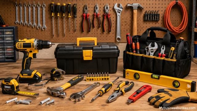Essential handyman tools and equipment arranged on a workshop bench.