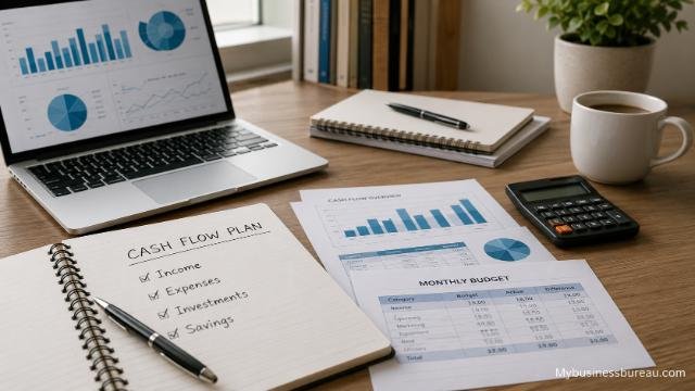 Managing cash flow and business finances with financial planning tools.
