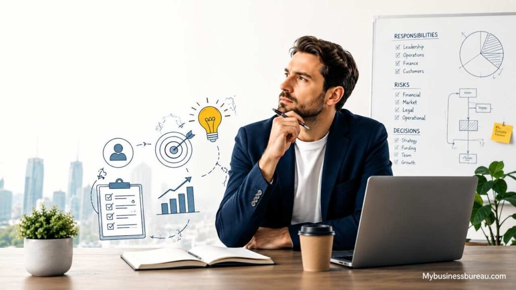 What Must an Entrepreneur Assume When Starting a Business? Key Responsibilities, Risks, and Decisions Entrepreneur evaluating business responsibilities, risks, and startup decisions