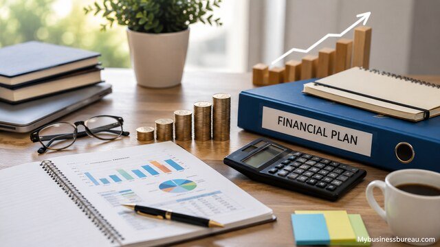 Financial planning and resource allocation workspace with charts, calculator, and coins.