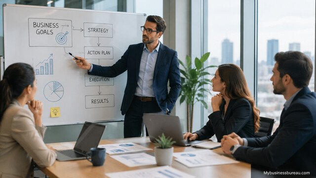 Business strategy consultant presenting an actionable plan to a team