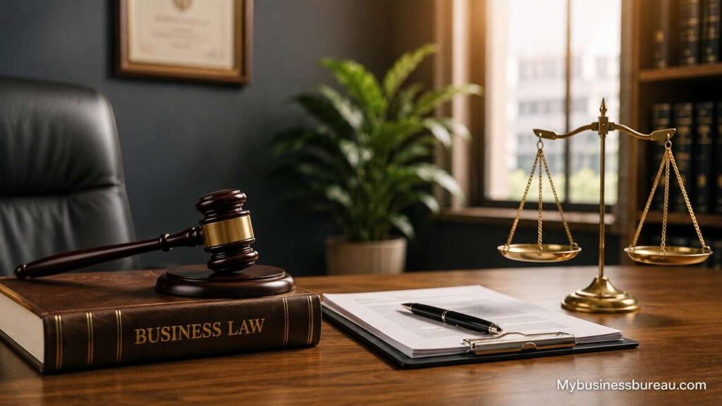 Business law concept with gavel, legal documents, law book, and scales of justice