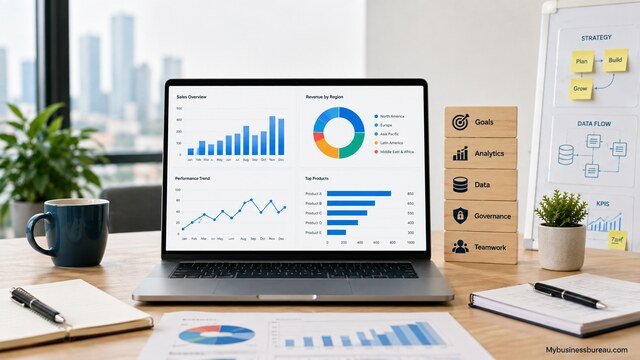 Practical business intelligence strategy dashboard in a modern office workspace.