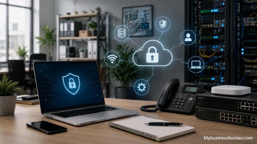 Small business IT solutions with secure cloud network and office technology