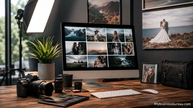 Professional photography website displayed on a desktop with camera equipment and portfolio gallery.