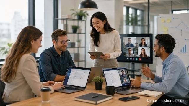 Team using business communication and collaboration tools in a modern office.