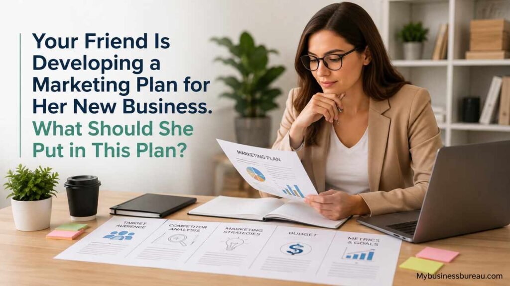 Your Friend Is Developing a Marketing Plan for Her New Business. What Should She Put in This Plan? Woman reviewing a marketing plan for a new business at her desk.