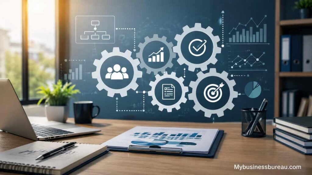 Business systems workflow and process management illustration