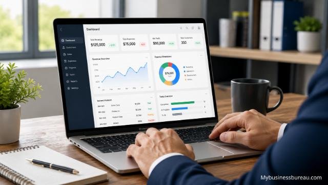 Business management software dashboard on a laptop for business operations and productivity.