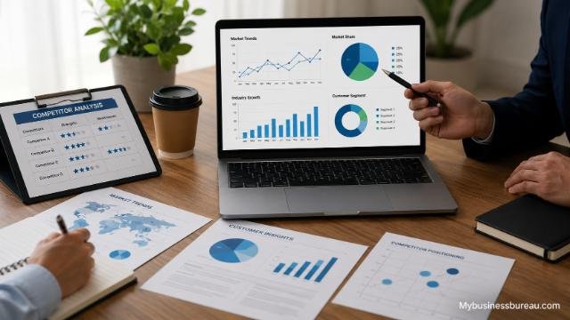 Analyze the market and competitors using business reports and market research charts.