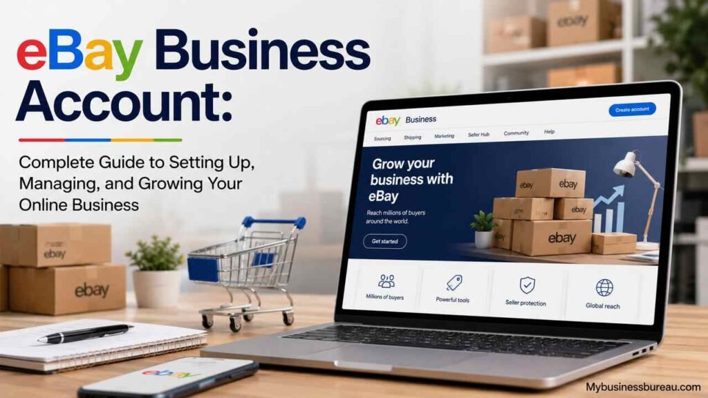 eBay Business Account setup guide on a laptop with online selling dashboard