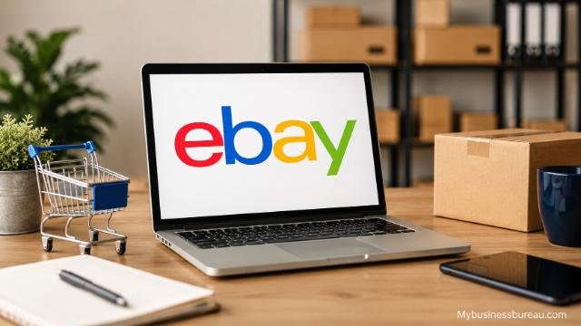 Laptop displaying the eBay website for business account registration.