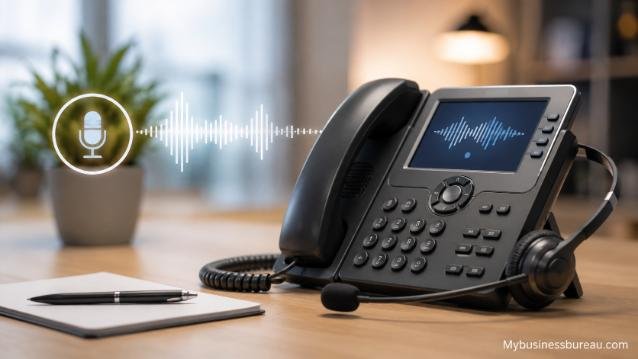 Business desk phone with customized voicemail greeting concept