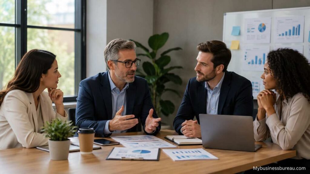 Business Consultants: How to Choose, Hire, and Work With the Right Consulting Experts Business consultants discussing strategy with professionals in a modern office.