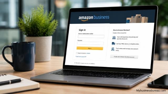 Amazon Business account sign-in page on a laptop.