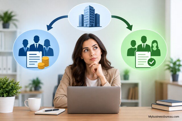 Woman comparing C Corporation and S Corporation structures with business and tax concept icons.