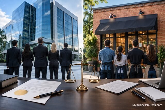 Inc. vs. LLC comparison showing a corporate office, small business storefront, legal documents, and a balance scale.