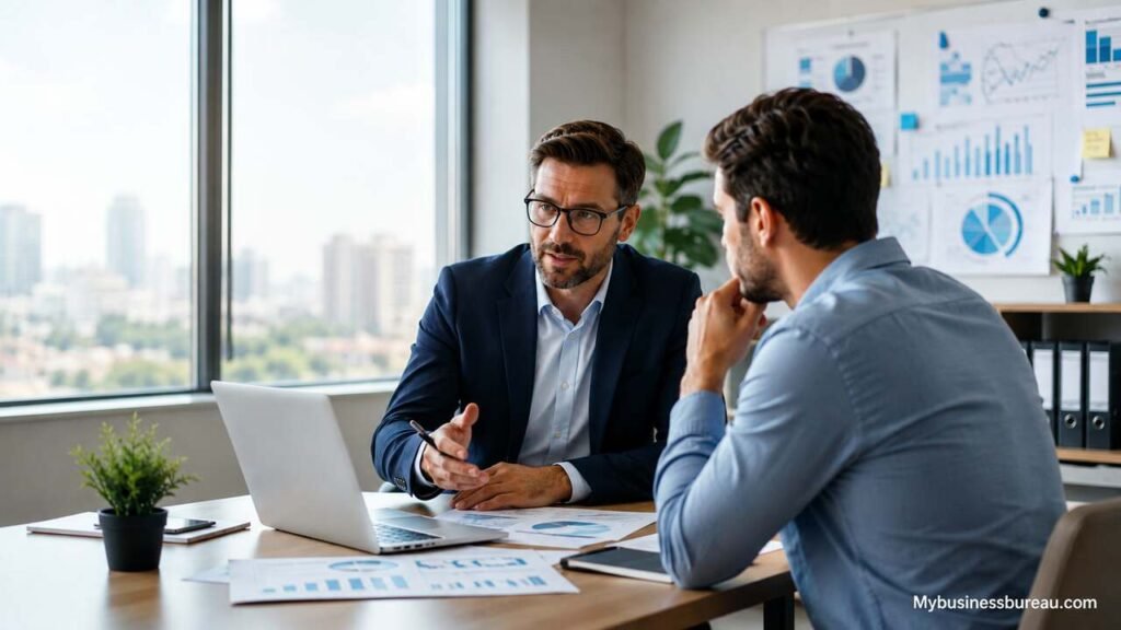 What Does a Business Consultant Do? Roles, Responsibilities, and When to Hire One Business consultant discussing business strategy with a client