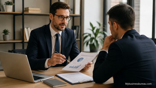 Business consultant discussing reports with a client before hiring.