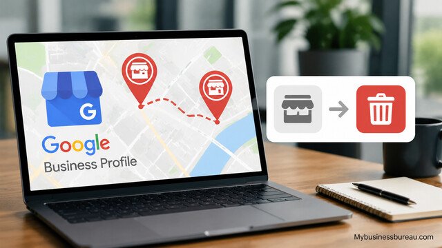 Laptop showing Google Business Profile duplicate removal process with map pins and delete icon.