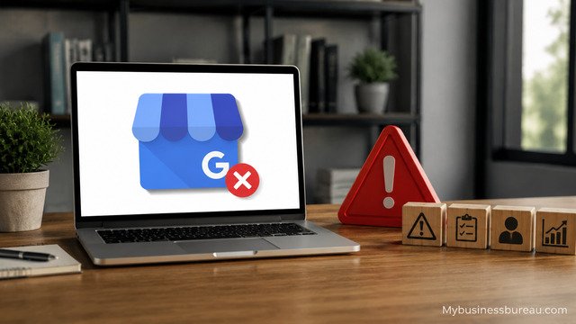 Laptop showing a Google Business Profile deletion warning icon with a red alert symbol on a desk.