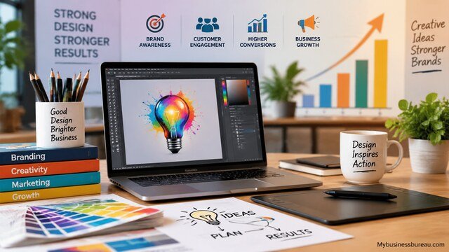 Graphic design workspace showing creative tools, branding materials, and marketing visuals that improve business effectiveness.