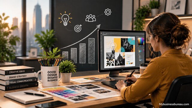 Graphic designer creating brand visuals at a desk with growth icons and a modern workspace.