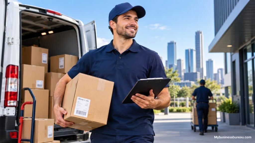 Courier business owner holding a package beside a delivery van