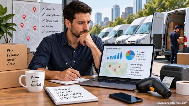 Man researching the local courier market with delivery vans, maps, business data, and courier equipment.