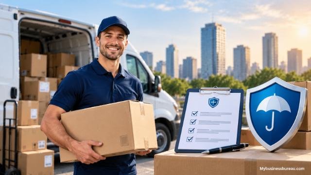 Courier holding a parcel beside a delivery van with business insurance protection symbols.