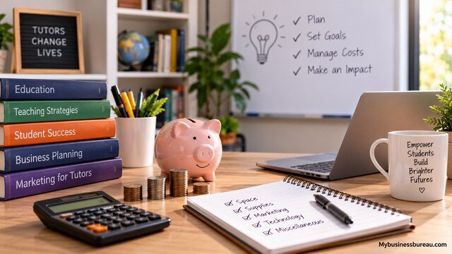 Tutoring business startup costs planning with calculator, piggy bank, laptop, books, and budgeting notebook.
