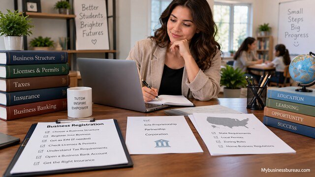 Tutor reviewing business registration, licenses, permits, taxes, and LLC requirements for starting a tutoring business.