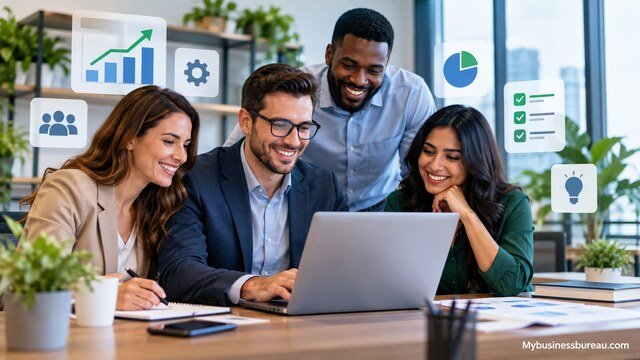 Business team using Uhoebeans software for collaboration and business productivity.