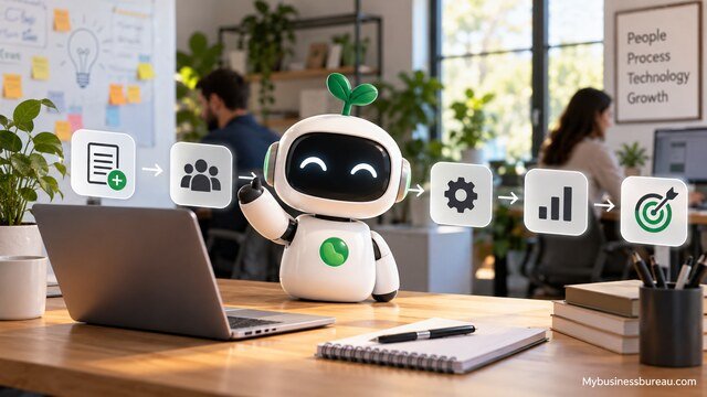 Uhoebeans business workflow automation concept with AI robot, process icons, analytics, and Mybusinessbureau.com branding.