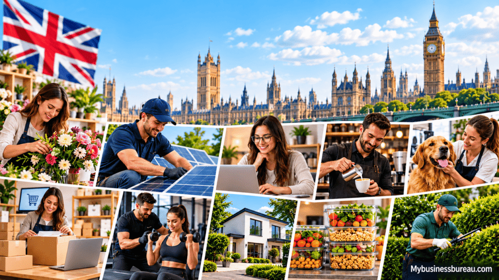 25 Profitable Business Ideas in the UK to Start in 2026 Profitable business ideas in the UK for 2026 featuring online businesses, solar energy, pet care, fitness, and small startups.